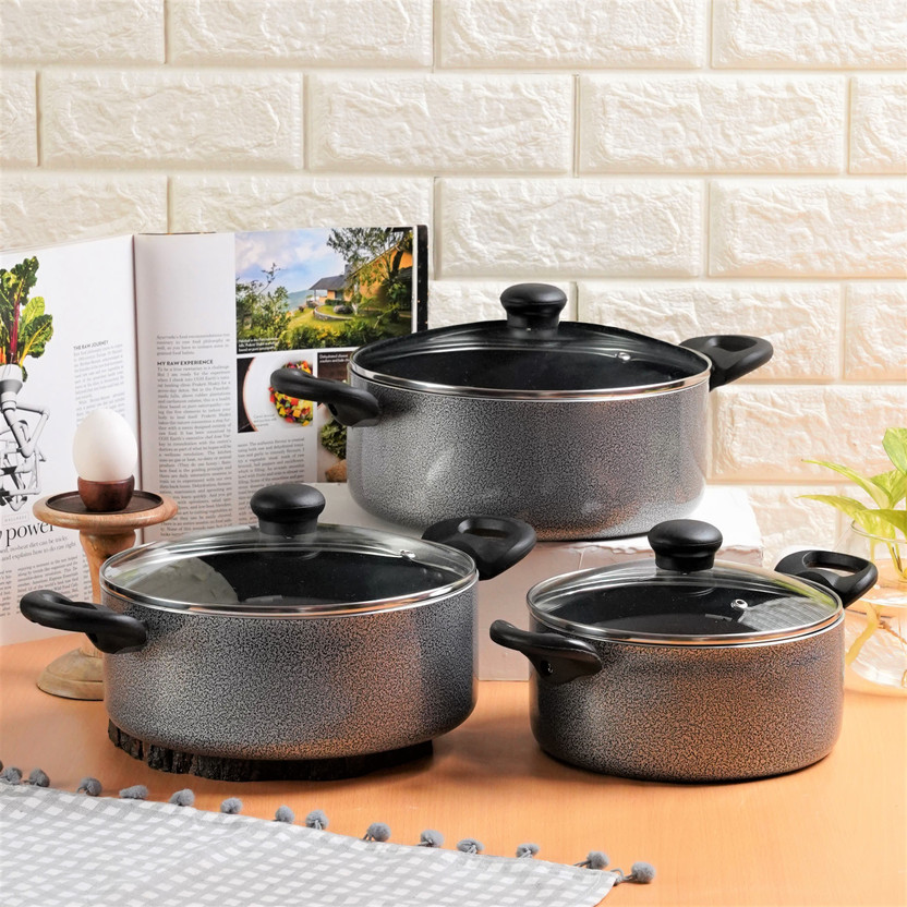Kreme DELUXE 3mm Induction Bottom Casserole 2.5L + 3.5L + 4.5L Set of 3 pcs Induction Bottom Non-Stick Coated Cookware Set(Aluminium, 3 - Piece)