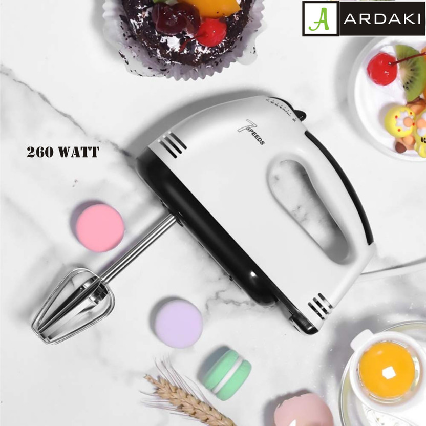 ARDAKI 260 W White Hand Blender, Electric Whisk(7 Speed Egg, Lassi, Butter Milk, Cakes Hand Mixer 260 W Electric Hand Blender Mixer, Electric Whisk, Egg Beater, Cake maker, Beater Cream Mixer, Food Blender Beater for Kitchen With Stainless Steel Attachments (WHITE))