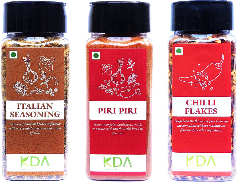 KDA Super Value Pack | Italian Pizza Seasoning (60g) + Piri Piri (65g) + Chilli Flakes (50g), Pack of 3(175 g)