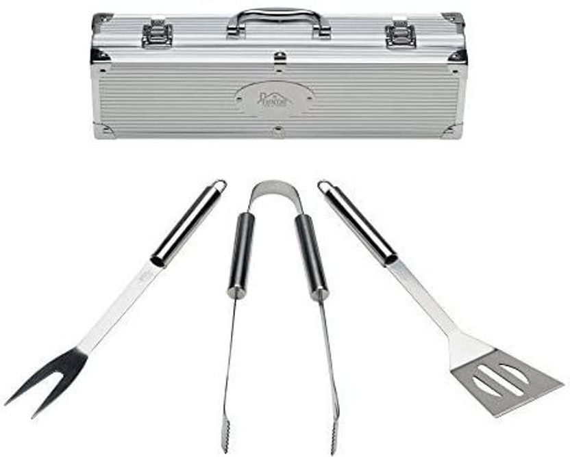 pinkparifashion 3 Pcs Silver Stainless Steel Barbecue BBQ Tool Kit Set Barbecue Cooking Helping Accessories with Storage Box Silver, Black Kitchen Tool Set (Silver, Black) Kitchen Tool Set(Roaster)