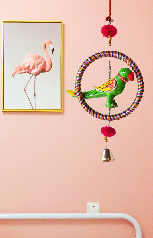 Raj Shai Craft Decorative Car Rear View Green parrot Jhumer Mirror Decor Outdoor Home Window Decoration Wind Chime Wall Hanging with Good Luck Symbols (20x6x6cm) (paper mache) Decorative Showpiece  -  24 cm(Paper Mache, Green)