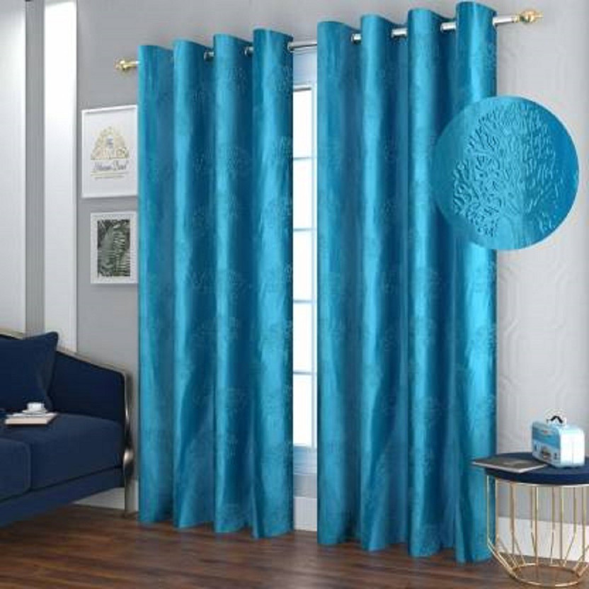 Radhey Radhey Decor 304 cm (10 ft) Long Door Polyester Blackout Curtain (Pack Of 2)(AQUA, Self Design)