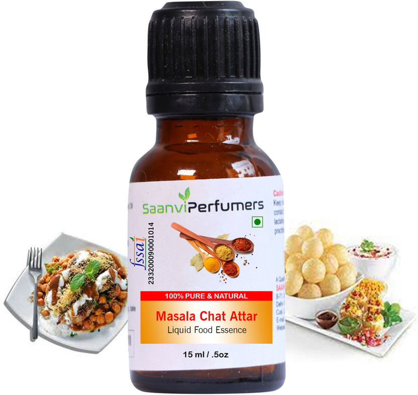 Saanvi perfumers Masala chat Attar Essence Edible Grade For Used Indian street food chaat recipes like aloo Tikki, papri chaat, puff rice chaat, samosa, Fruit chaat and Others food (No Chemical | No Preservatives) Masala chat Liquid Food Essence (15 ml Chat Masala Liquid Food Essence(15 ml)