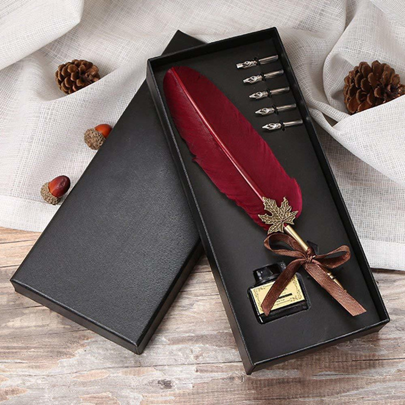 FRKB Red Feather Dip Pen Set for Calligraphy(Pack of 3, Ink Color - Black)