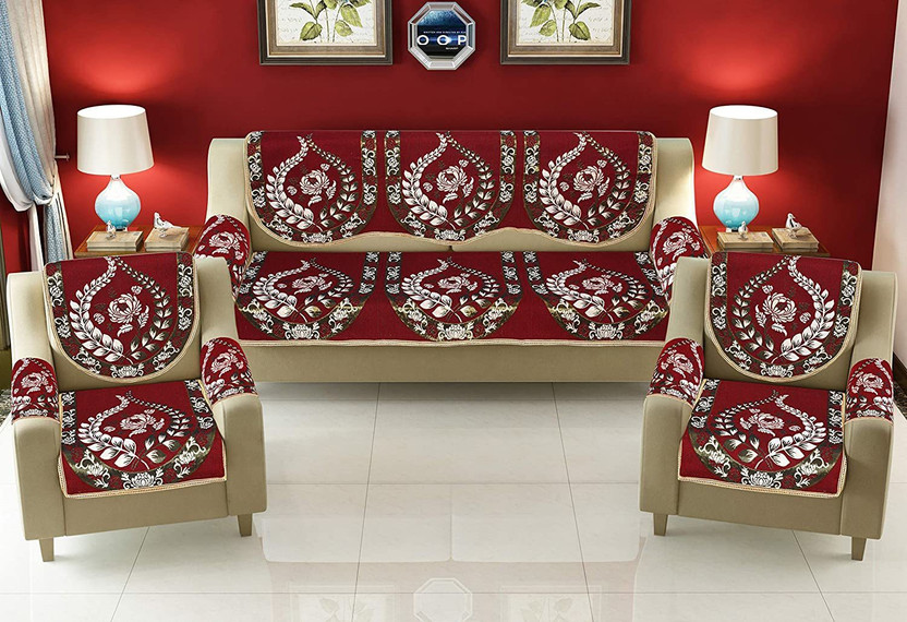 Multitex Cotton 3+2 Seater Sofa Floral Cover(Pack of 16 Maroon)