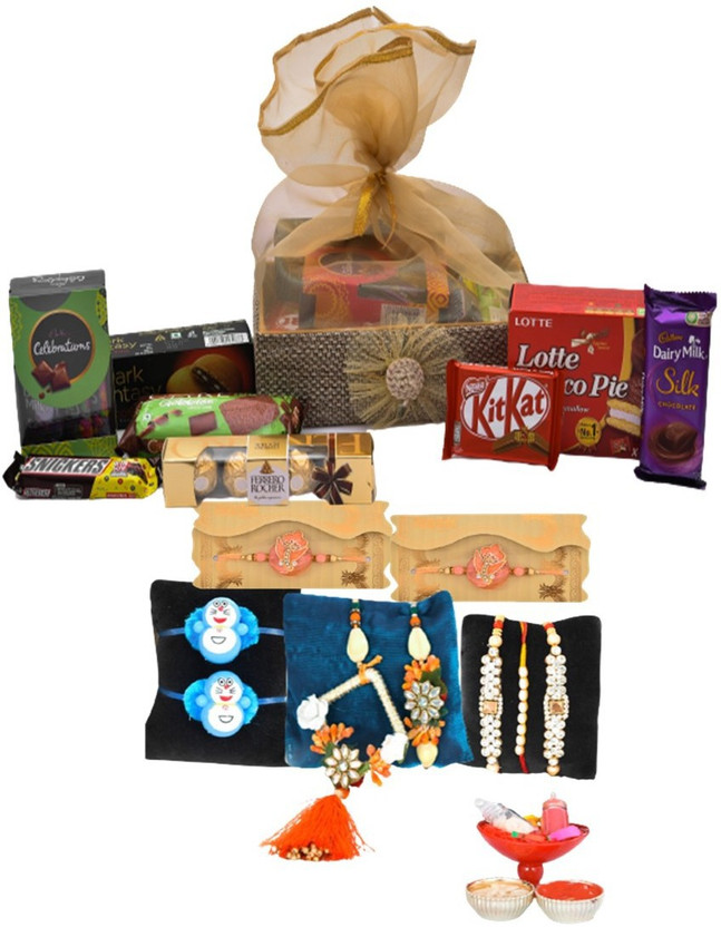 Giftrend Giftrend Raksha Bandhan 8 Chocolate Hamper & Gourmet Gifts Basket With Trendy Square Pair, Pearl Dora,2 Doremon,2 Cz Stone, 2 Stunning Rakhi And Tilak Kit Wooden Gift Box(Brown) - Flipkart Deal