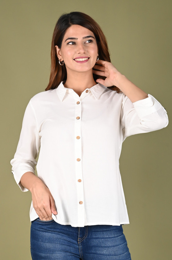 The Trending Company Women Solid Casual White Shirt
