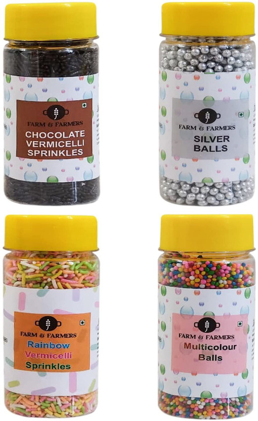 Farm & Farmers Silver Balls,Rainbow Sprinkles/Vermicelli,Chocolate Vermicelli Sprinkles,Multicolored Balls for Cake Decoration- Pack of 4 (80 GM Each) Sprinkles(320 g, Pack of 4)