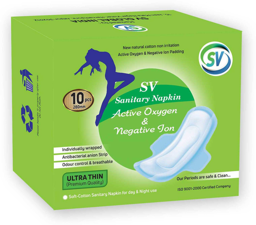 sv global india sv sanatry napkins active oxygen & negative ion , ultra thin premium quality , individually wrapped, antibacterial anion strip , odur control & breathable ,soft cotton ( In India first time nano technology pads). 280mm Sanitary Pad(Pack of 10)