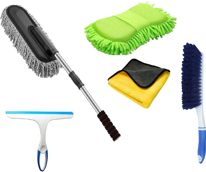 Niklace Car Cleaning Accessories Combo Pack Full Interior and Exterior Car Wash Kit All in one Microfiber Duster, Carpet Brush, Washing Scrub, Glass Wiper, Microfiber Cloth(650 GSM) Combo