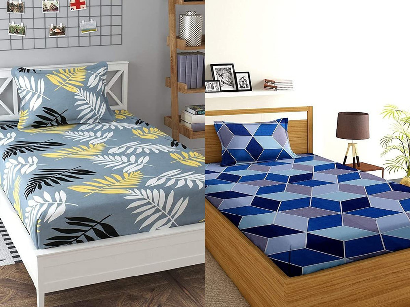 Decent Home Microfiber Single Flat 220 TC Geometric 2 Bedsheets with 4 Pillow Covers(Blue, Gray)