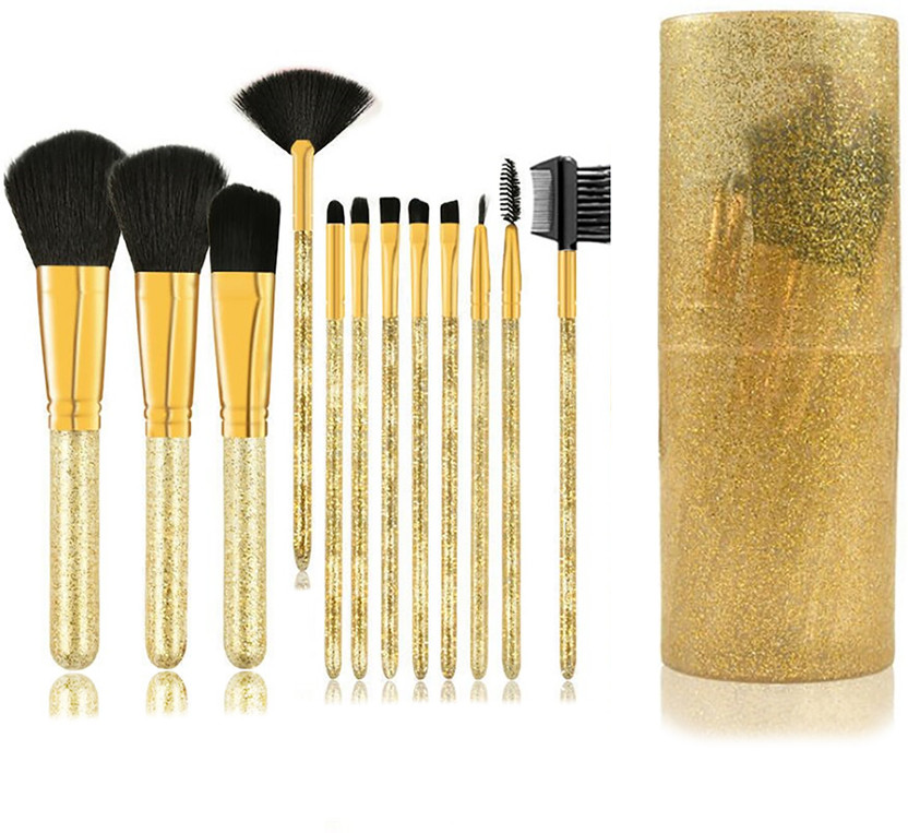 BELLA HARARO Professional Series 12 Piece Face And Eye Makeup Brush Set With Storage Barrel - Shiny Golden(Pack of 12)