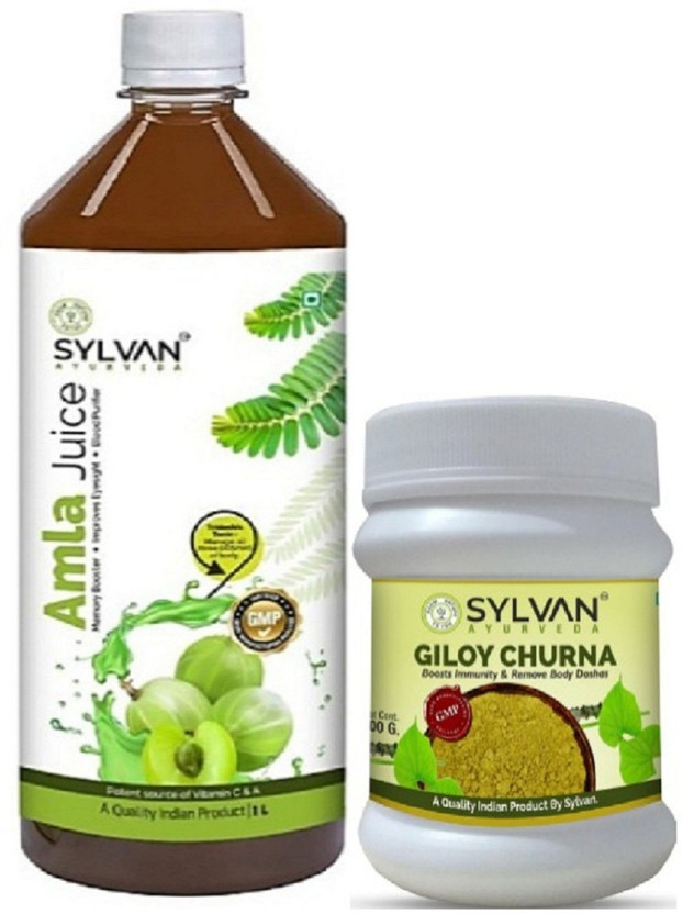 SYLVAN SYLVAN AYURVEDA AMLA JUICE FOR MEMORY BOOSTS AND IMPROVING EYESIGHT WITH GILOY CHURNA FOR BOOSTS IMMUNITY & REMOVE BODY DOSHAS | COMBO PACK(2 x 500 ml) - Flipkart Deal