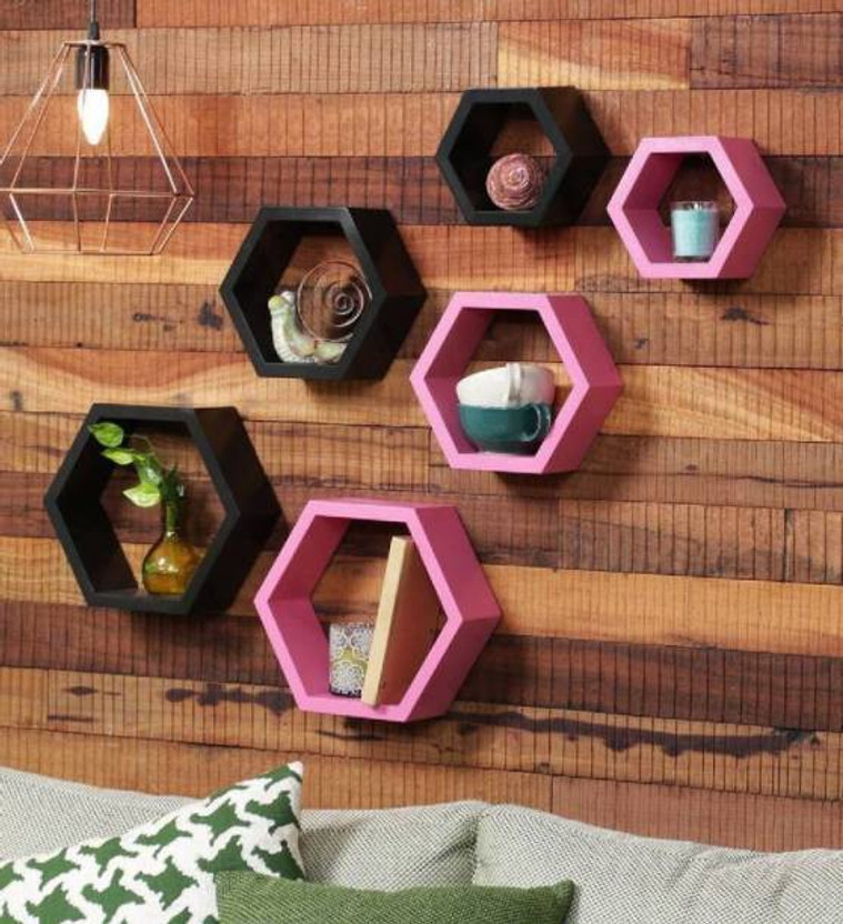 INDIAN DECOR SZY HEXAGON DESIGN SHAPE RACK SHELF FOR WALL AND FOR YOUR NEED Engineered Wood Display Unit(Finish Color - PINK/BLACK, DIY(Do-It-Yourself))