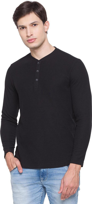 Spykar Solid Men Henley Neck Black T-shirt