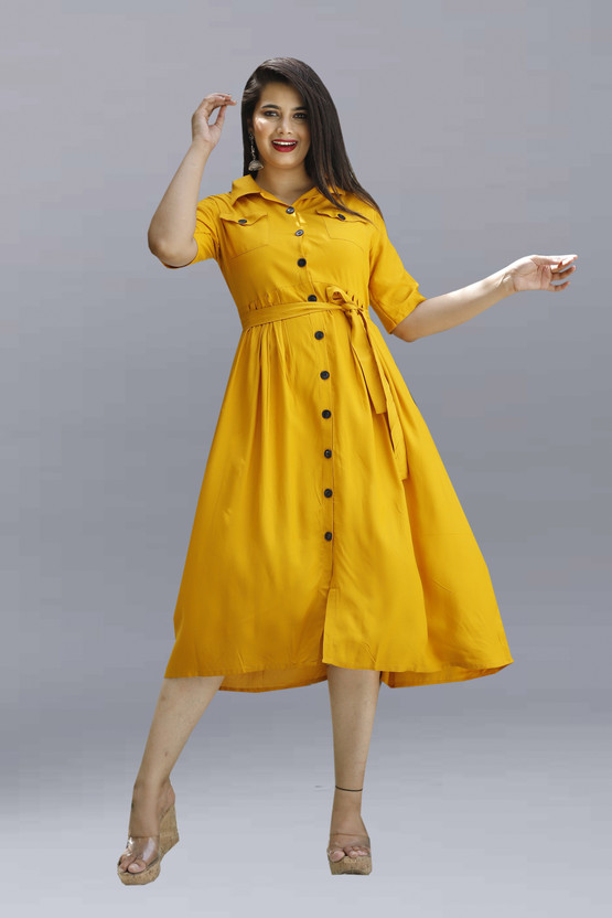 FANCIFY Women Shirt Yellow Below Knee Dress