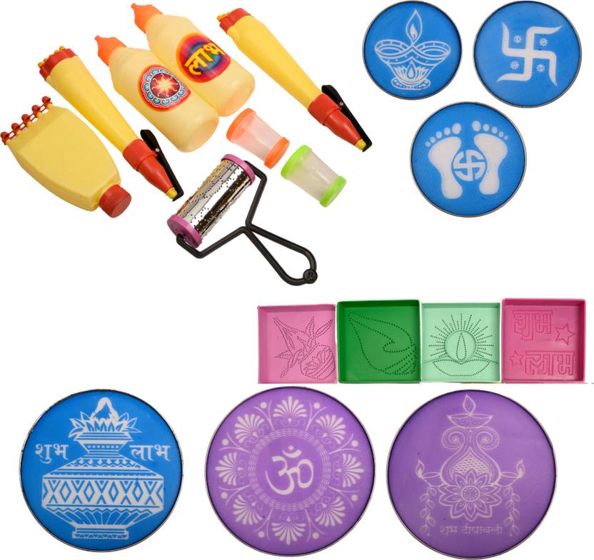 pooja hub Rangoli Making Kit (10 stencils, 2 Ivory Pens, 2 Bottles, 1