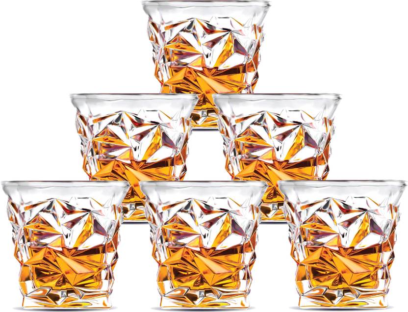 Manar (Pack of 6) Diamond Crystal Cut Whiskey Glasses Set, Bar Glass