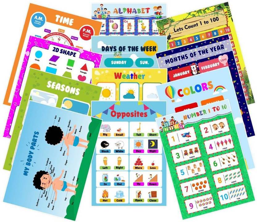 12 English Style Large Educational Posters For Kids Toddlers, Includes