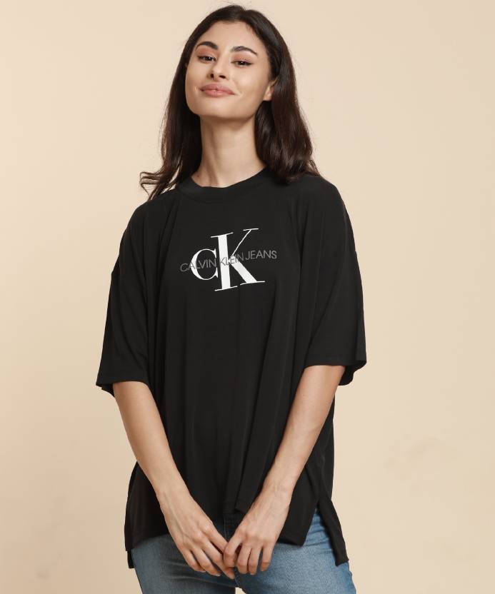 Calvin Klein Jeans Printed Women Round Neck Black T-Shirt - Buy Calvin Klein  Jeans Printed Women Round Neck Black T-Shirt Online at Best Prices in India  
