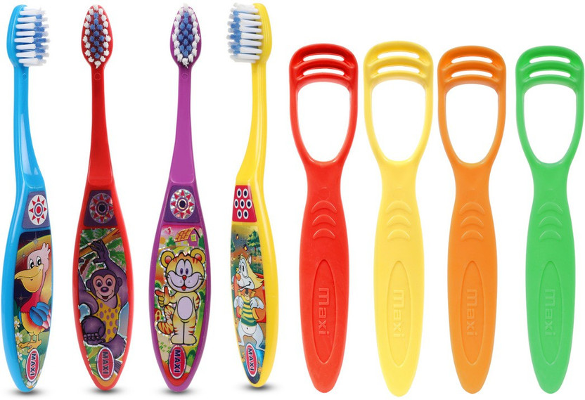 Maxi Oral Care Junior Hygiene Combo Pack of 8-(4 Kids) Toffee Junior Toothbrush & (4 TC) 1 Number Tongue Cleaner(8 Items in the set)