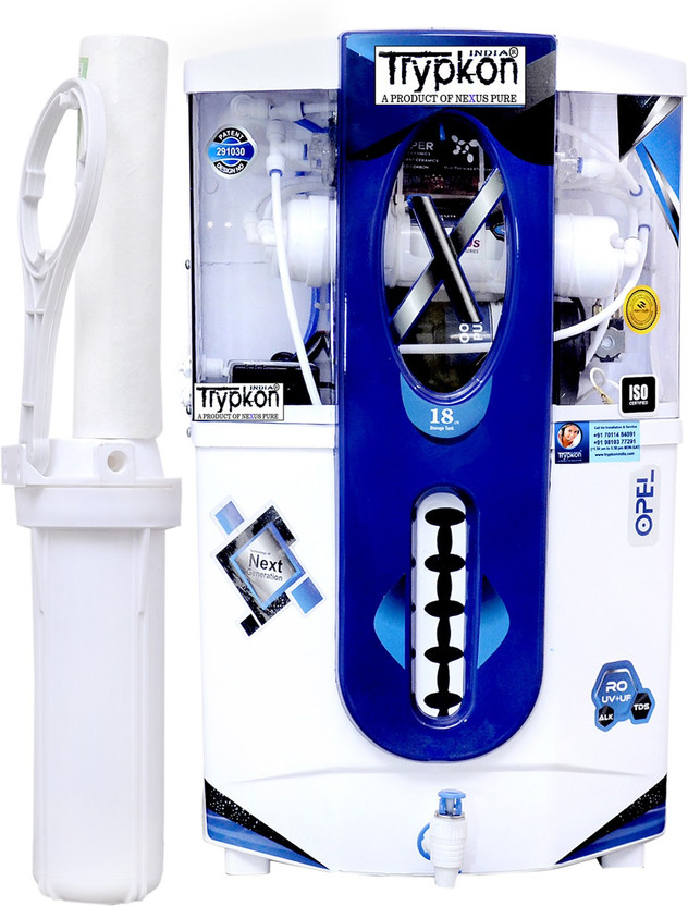 trypkon OPEL 18 COPPER 18 L RO + UV + UF + TDS Control + Alkaline + UV in Tank Water Purifier(WHITE&BLUE)