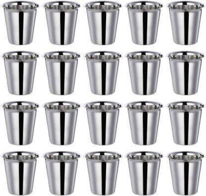 GOODNESS INTERNATIONAL Pack of 20 Stainless Steel SS Pack of 20 Stainless Steel SI Pack of 20 Stainless Steel Tea Steel Cup Stainless Steel Glass,Dumru Tea Cup,Reusable Steel Coffee Mug Pyali,Ideal for Serving Coffee and Tea Stainless Steel Policed Finish Steel Payali Set,Mini Cup Set. (Silver)(Silv