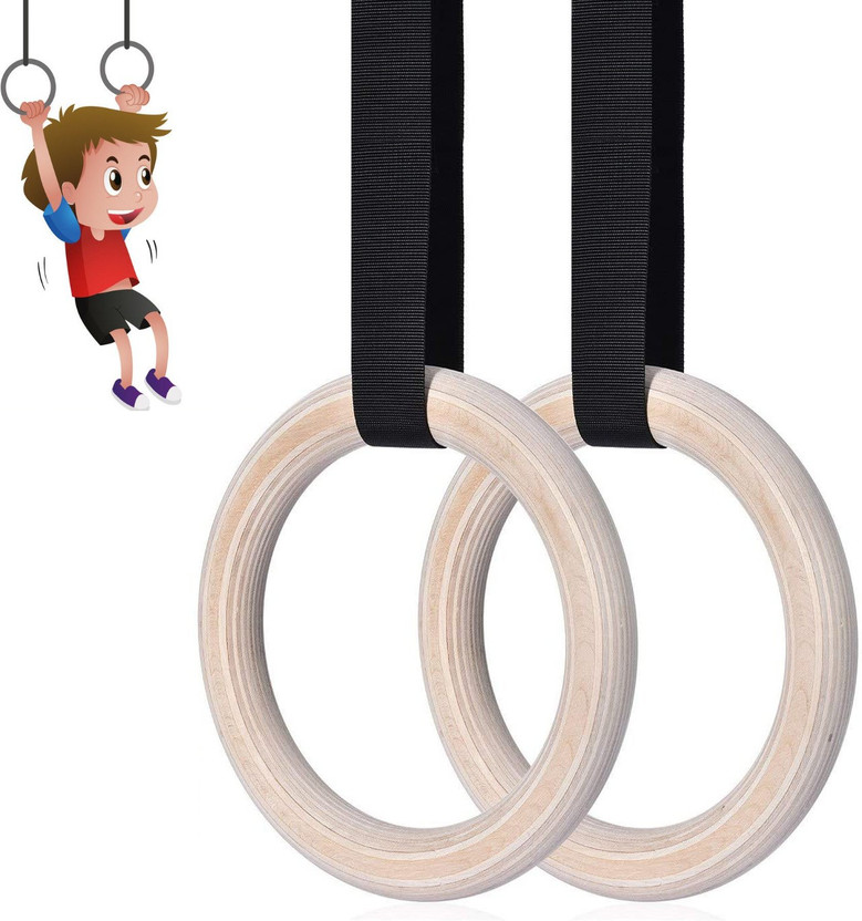 Shopoflux Kids Gymnastic Wooden Rings with Heavy Duty Adjustable Strap | Roman Rings for Kids | Kids Gym Play Set | Gymnastic Toys Pilates Ring(White)