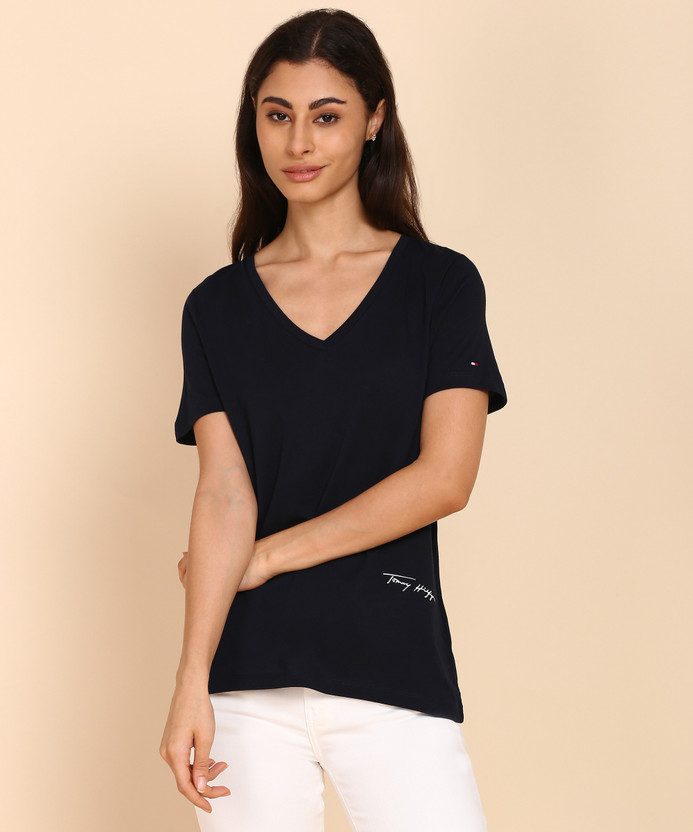Tommy Hilfiger Solid Women V Neck Dark Blue T-shirt