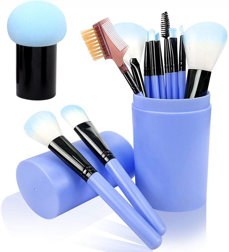 ROXER 12pcs Makeup Eyeshadow Brush Foundation Lips Eyebrows Face Cosmetic Brush Makeup Brushes Tool with Case Holder Kit 1 Mushroom Beauty Blender Sky Blue Color(Pack of 13)