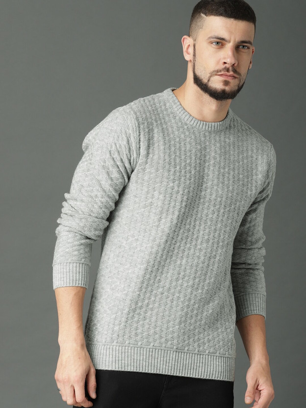 Round Neck Casual Men Grey Sweater 