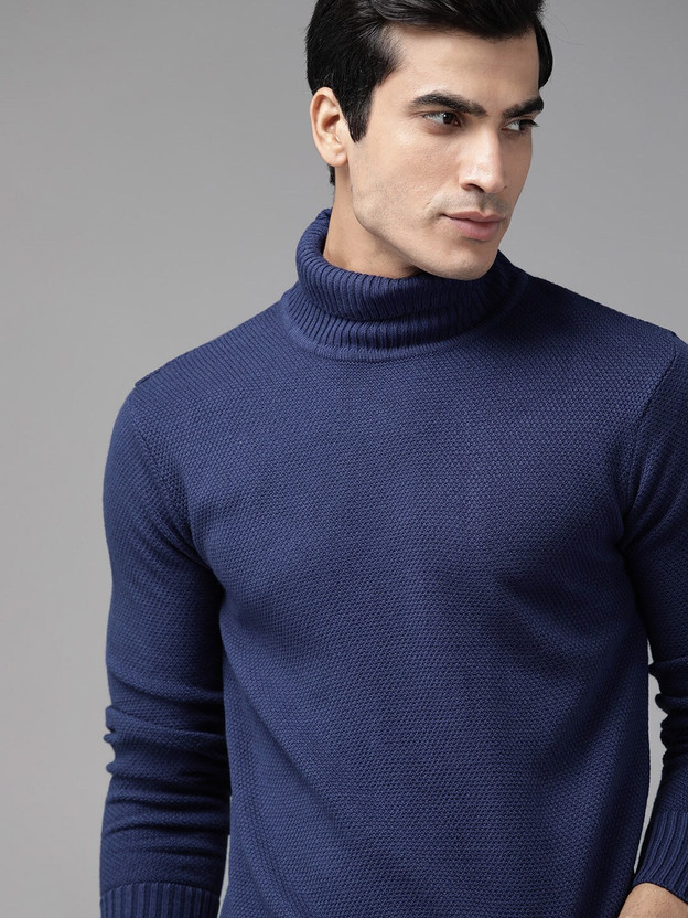 Turtle Neck Casual Men Blue Sweater 