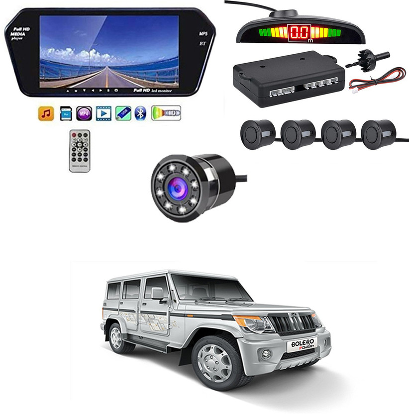 RKPSP 7 Inch 16:9 TFT LED Car Rearview Monitor Mirror with Touch Button With Black Parking Sensor & Camera For Bolero Universal For All Models Car Stereo(Single Din)