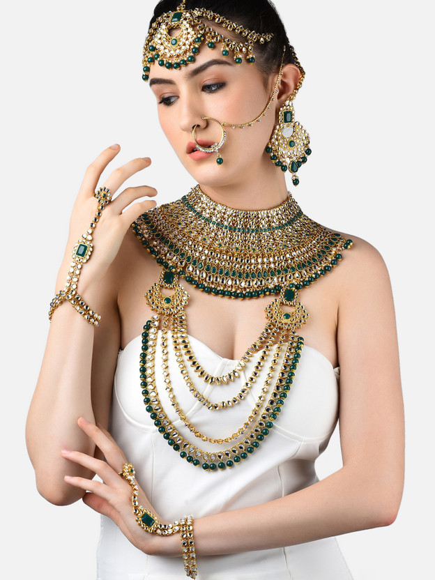 ZAVERI PEARLS Stone Gold-plated Green, Gold Jewellery Set(Pack of 1)