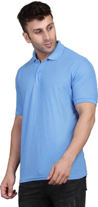INKKR Men Solid Polo Neck Blue T-Shirt