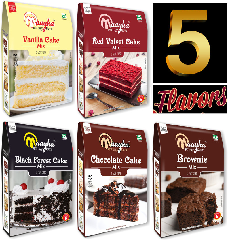 Maayka - Ek Atoot Rishta Egg Free|Cake Mix|Vanilla+Chocolate+Red Velvet+Black Forest+Brownie Mix 925 g(Pack of 5)