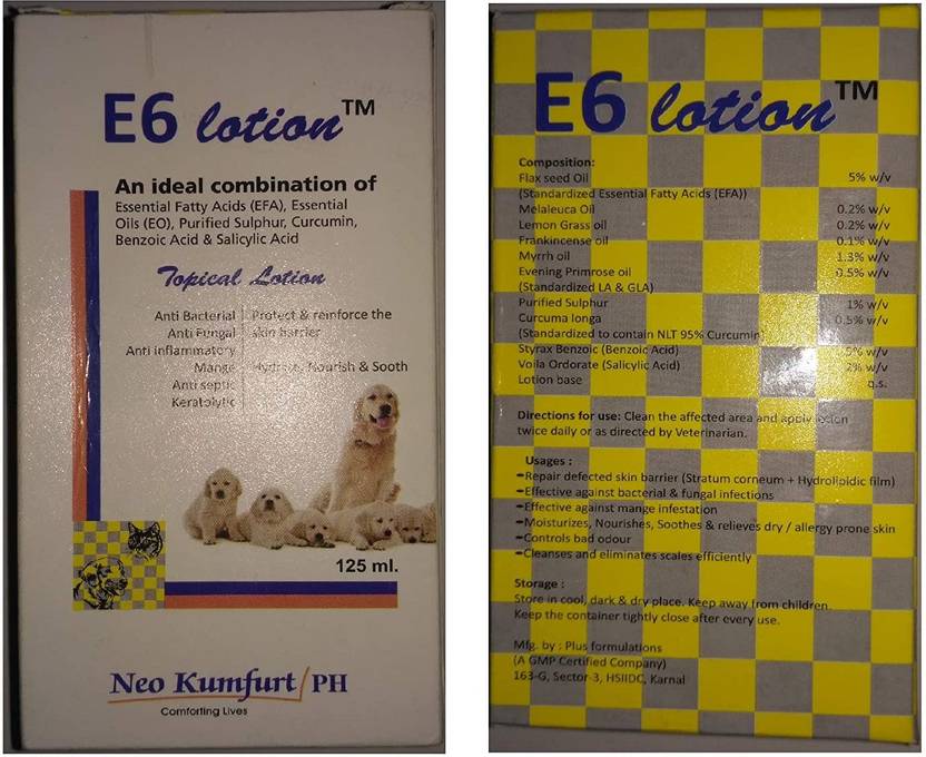 E6 Lotion for Bacterial & Fungal Skin Allergy 50 ml Dog Lotion Pet