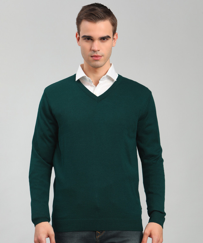 V Neck Casual Men Dark Green Sweater 