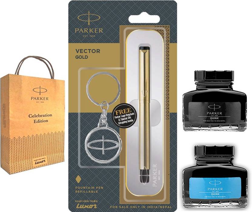 PARKER Vector Gold Fountain Gold Trim Pen with Blue+Black Quink Ink