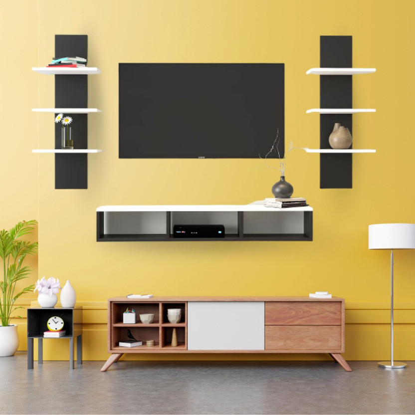 plantzy Wooden TV Entertainment Unit with 2 Wall Shelf/Wall Set Top Box Shelf Stand/TV Cabinet for Wall/Set Top Box Holder for Home/Living Room Ideal for TV Upto 42" (Black/White) Engineered Wood TV Entertainment Unit(Finish Color - Black and White, DIY(Do-It-Yourself))