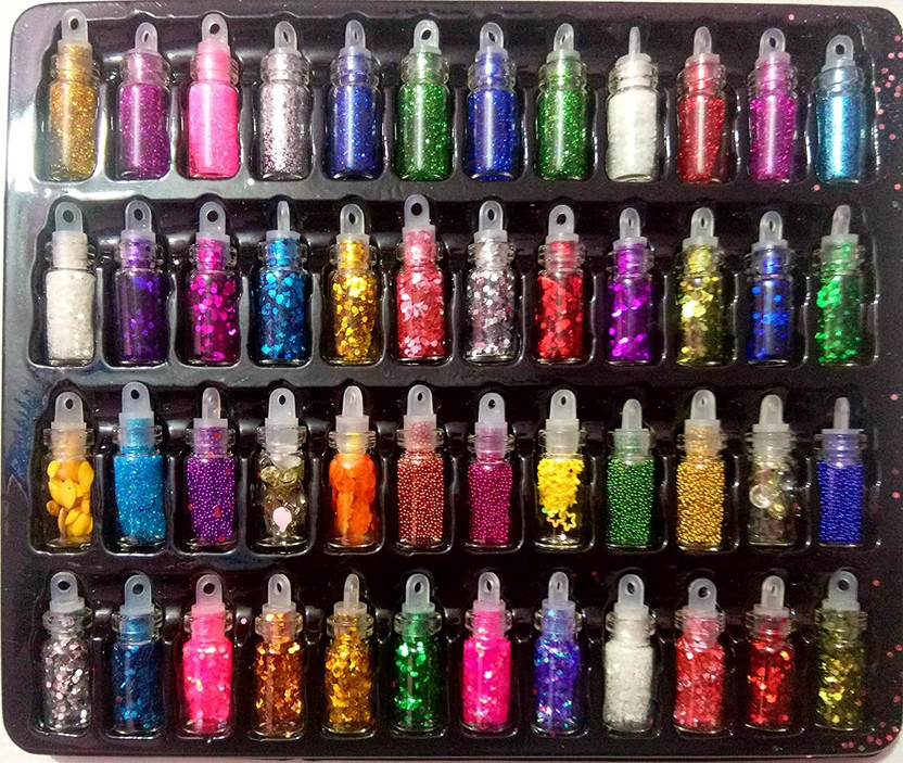 lakyou Glow 48 in 1 Set of 3D Nail Art Glitter Bottle, Sequins, Rhinestones, Beads & Designs ( Multicolor )(multicolor)