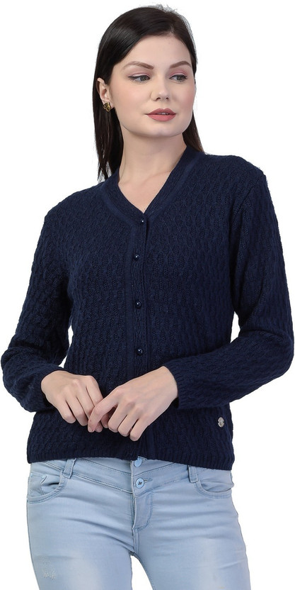 TAB91 Women Button Self Design Cardigan 