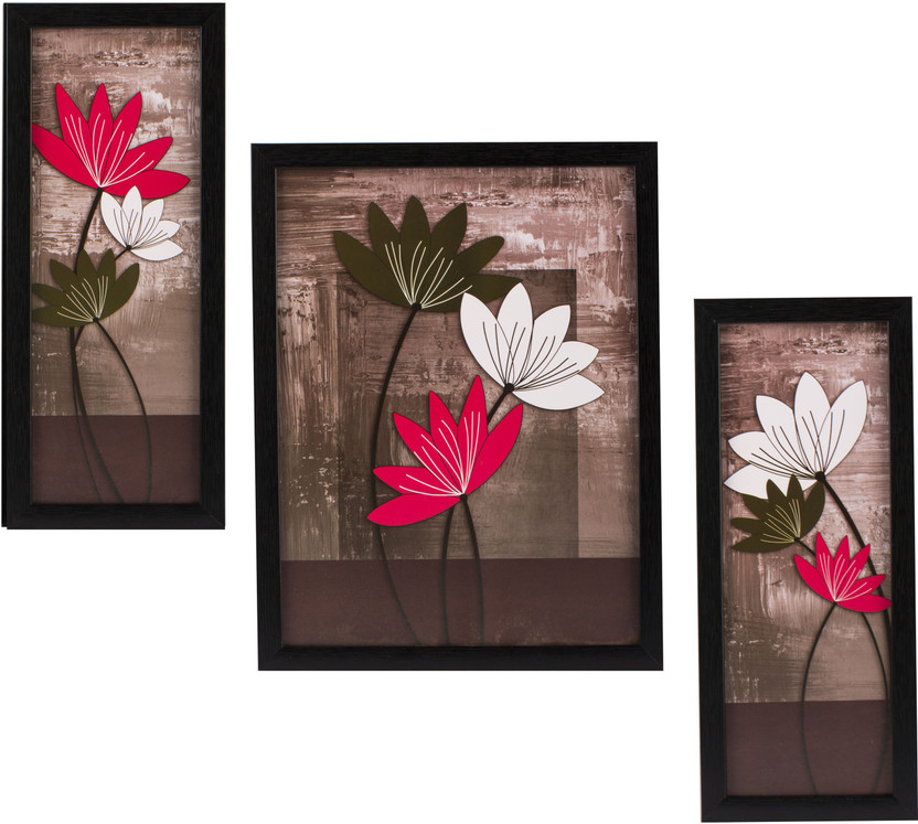 Indianara 3 PC SET OF FLORAL PAINTINGS WITHOUT GLASS 5.2 X 12.5, 9.5 X 12.5, 5.2 X 12.5 INCH Digital Reprint 13 inch x 10 inch Painting(With Frame, Pack of 3)