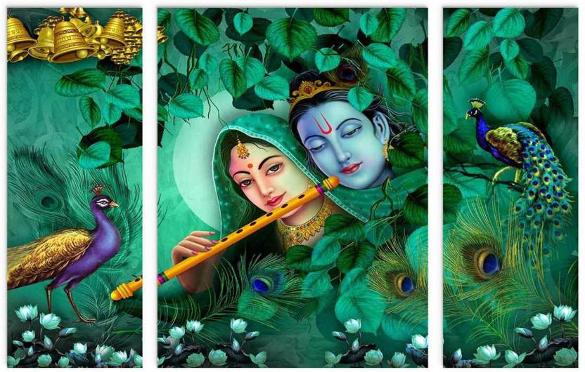 Art Amori Radha Krishna with Peacock MDF Wall Painting 3 Piece Set