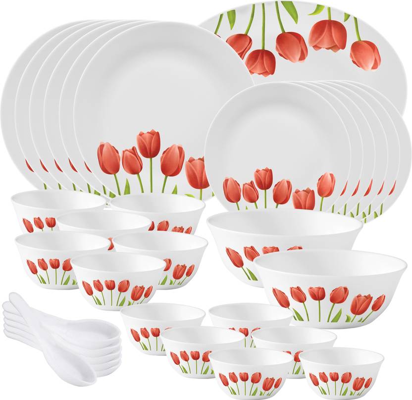 LAOPALA Pack of 33 Opalware Ivory Tulip Garden {Dinner plate 11"(6 pcs) Quarter plate 7.5"(6