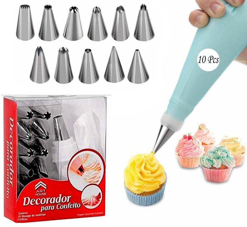 Unique Impex Free 10 Disposable piping bag ,with this 12 pcs icing set,Frosting, Icing, Piping Bag ,Tips with Steel Nozzles Steel Multi-opening Icing Nozzle Cake Decoration Icing Set Cake Decoration Icing Set(Set of 12)