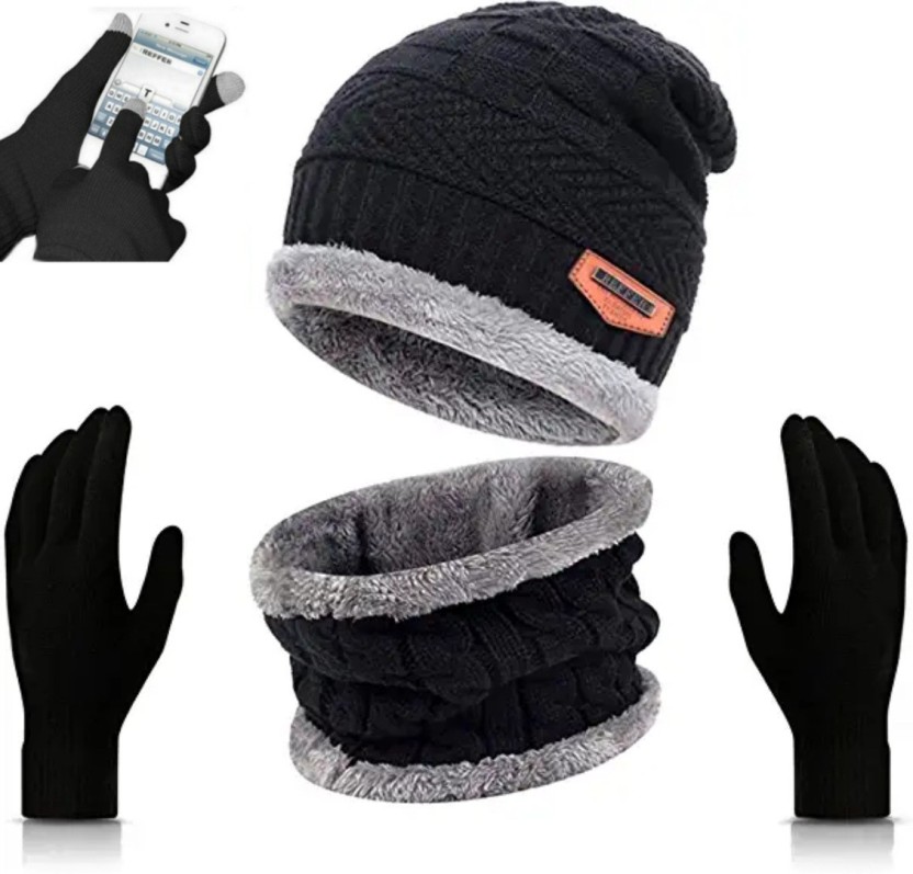 Voqeen Men Women Hat Gloves and Scarf Set Winter Cable Knit Slouch Beanie Hats Scarves Neck Warmers Screentouch Gloves for hiking runing walking 