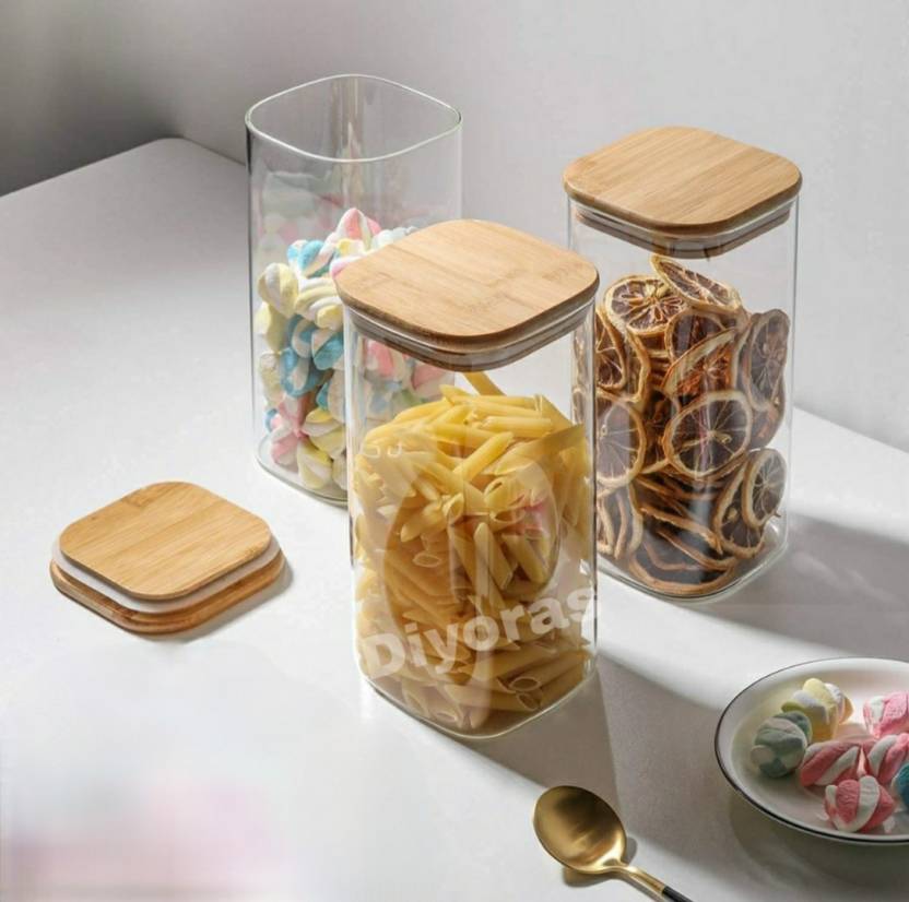 DIYORA S 3 Piece Square Airtight Clear Glass Jar Set, Storage Canister ...