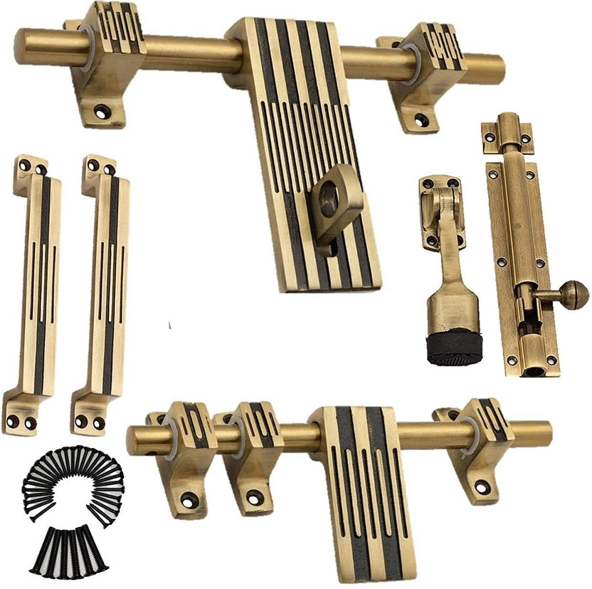 Goldstores 10 inches Aluminium Door Fittings Full Set | Door Hardware Accessories Kit, Brass Antique Finish | 1 Aldrop, 1 Latch, 1 Stopper, 1 Tower Bolt, 2 Handles (Line) Visit the Atom Store Aluminium Door Handle(Gold Pack of 4)