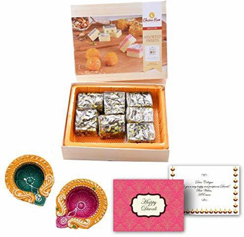 Delight Foods Chaina Ram Karachi Halwa Pista 1Kg Indian Sweet Diwali Greeting Card + 2